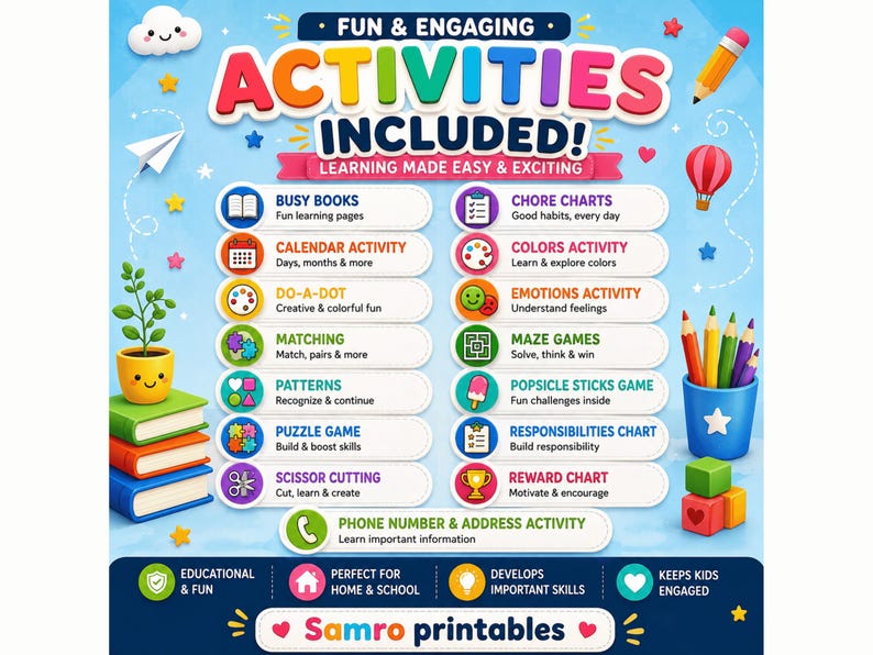 Kids printable activities bundle featuring busy books, chore charts, calendar activities, colors, dot-to-dot, emotions, matching, maze games, patterns, puzzles, cutting practice, reward charts and responsibility activities.