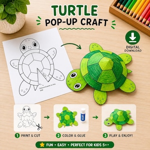 Pode incluir: Um kit digital de artesanato de tartaruga pop-up com um modelo em preto e branco, uma tartaruga de papel verde montada em 3D e instruções numeradas de 1 a 3 para imprimir, recortar, colorir e colar as partes do projeto.