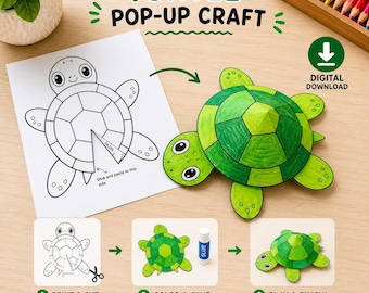 Könnte beinhalten: Ein digitales Turtle Pop-up Bastelset mit einer schwarz-weißen Vorlage, einer fertig kolorierten grünen 3D-Papierschildkröte und einer nummerierten Anleitung in drei Schritten zum Ausdrucken, Ausschneiden, Ausmalen und Zusammenkleben.