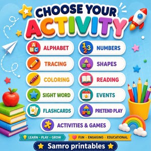 Kids educational activity printable bundle featuring alphabet, numbers, tracing, shapes, coloring, reading, sight words, flashcards, pretend play, events, activities and games for fun early learning.