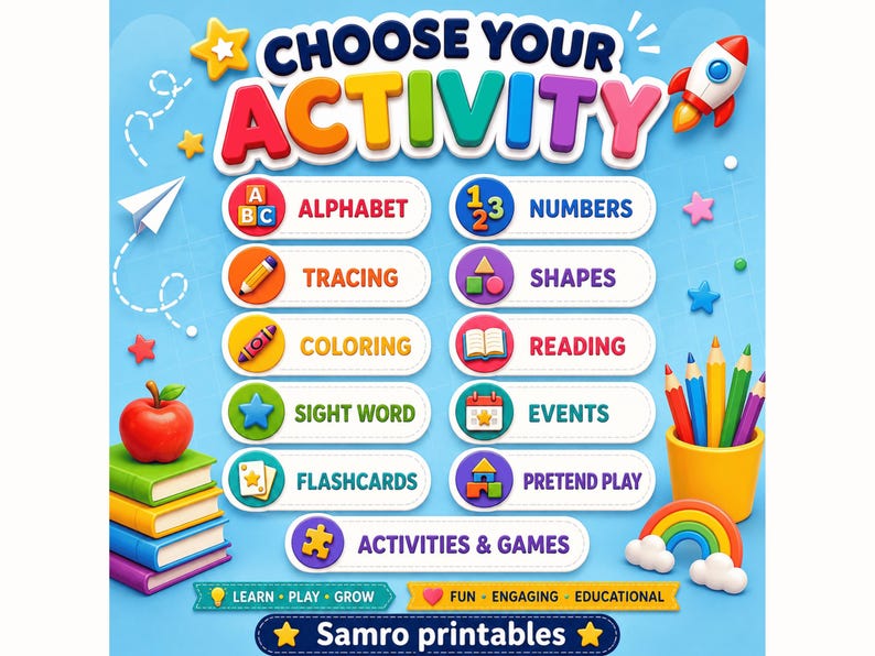 Kids educational activity printable bundle featuring alphabet, numbers, tracing, shapes, coloring, reading, sight words, flashcards, pretend play, events, activities and games for fun early learning.