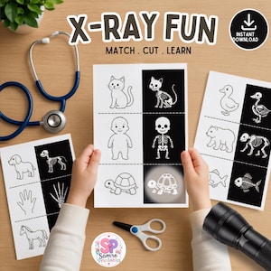 Puede incluir: Un conjunto de actividades imprimibles titulado X-RAY FUN MATCH . CUT . LEARN con ilustraciones en blanco y negro de animales y humanos junto a sus estructuras esqueléticas, acompañado de un estetoscopio azul, tijeras y una linterna negra.