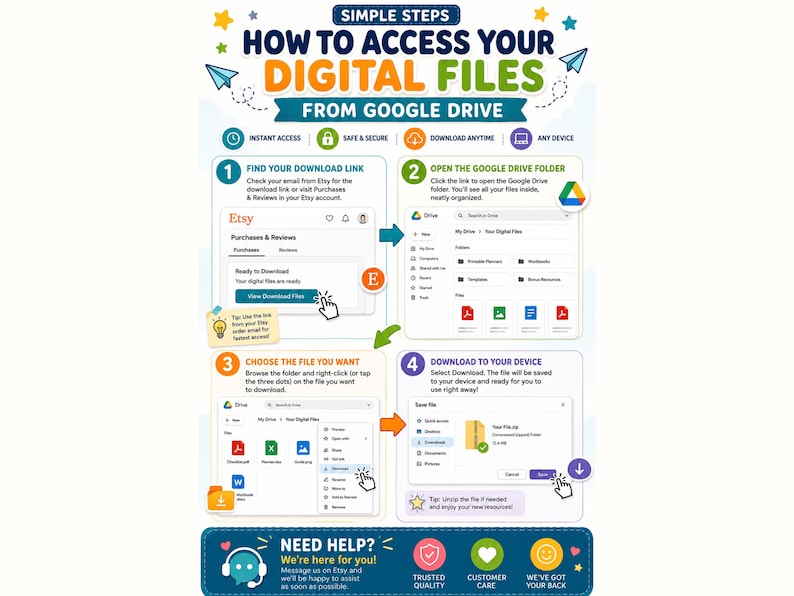 Step-by-step guide showing how to access and download kids printable digital files from Google Drive, including finding the Etsy download link, opening the folder, choosing files and saving them to your device.