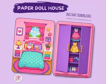 Op de afbeelding: Een digitale illustratie getiteld PAPER DOLL HOUSE met een slaapkamerscène met een bed, nachtkastjes en een paarse kledingkast met jurken, een handtas, een hoofdband en schoenen. De tekst luidt INSTANT DOWNLOAD PRINT-CUT-CREATE-PLAY.