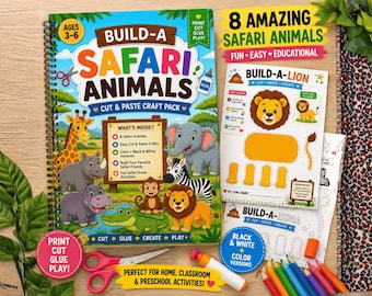 Op de afbeelding: Een spiraalgebonden activiteitenboek getiteld Build-A Safari Animals Cut & Paste Craft Pack voor kinderen van 3-6 jaar. De kaft bevat illustraties van een giraffe, neushoorn, nijlpaard, olifant, zebra, aap, leeuw en krokodil.