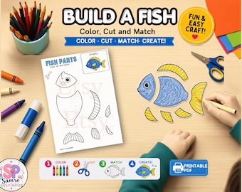 Op de afbeelding: Een printbare knutselactiviteit getiteld BUILD A FISH met instructies om te kleuren, knippen en matchen. Het blad bevat zwart-wit omtrekken van visonderdelen, een ingekleurd voorbeeld en een stapsgewijze handleiding voor het maken van de vis.