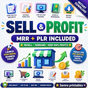 Digital products and printable resources bundle with MRR and PLR included, featuring editable templates, training, workbooks and ready-to-use resources for digital product businesses, side hustles, online courses and ecommerce.