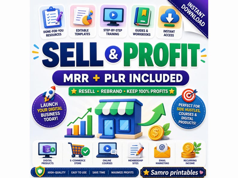 Digital products and printable resources bundle with MRR and PLR included, featuring editable templates, training, workbooks and ready-to-use resources for digital product businesses, side hustles, online courses and ecommerce.