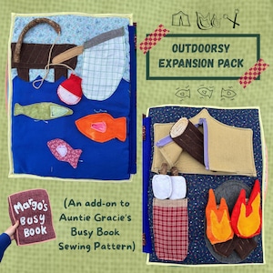 May include: A fabric activity book page featuring a fishing scene with a brown rod, a white net, and three colourful fish on a blue background, alongside a camping scene with a tan tent, a plaid sleeping bag, and a felt campfire with orange flames.