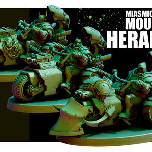 May include: Three green miniature figures riding heavy armored motorcycles with tank treads and front-mounted weapons. The text MIASMIC COHORT MOUNTED HERALDS is displayed in the upper right corner. Each figure wears bulky armor and sits on a vehicle.