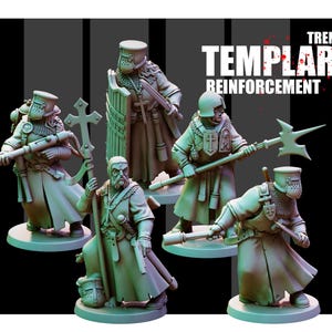 May include: A set of five miniature figurines titled TRENCH TEMPLARS REINFORCEMENT. The figures are dressed in long robes, chainmail, and helmets, holding various weapons including a long rifle, a large cross staff, a shield, and a polearm.
