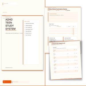 Könnte beinhalten: Ein digitales Lernplaner-Set mit einem ADHD Teen Study System Deckblatt, einem täglichen Lern-Kontrollzentrum mit Klassen-Tracker und einer Aufgaben-Masterliste. Die Dokumente haben ein klares Layout mit orangefarbenen Akzenten.