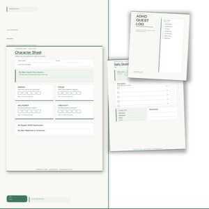 May include: A set of printable planner pages featuring an ADHD Quest Log and Character Sheet. The documents include sections for tracking daily quests, energy, focus, willpower, and creativity levels with checkboxes and designated writing lines.