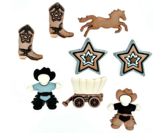 DRESS IT UP BUTTONS ~ HOWDY PARTNER ~ COWBOYS ~ WAGON ~ BOOTS ~ HORSE ~ BADGE