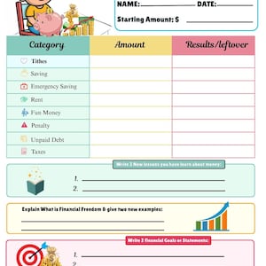 May include: A Weekly Financial Chart template featuring a cartoon character with a pink piggy bank and gold coins. The document includes sections for Name, Date, Starting Amount, and a table for categories like Tithes, Saving, Rent, and Taxes.