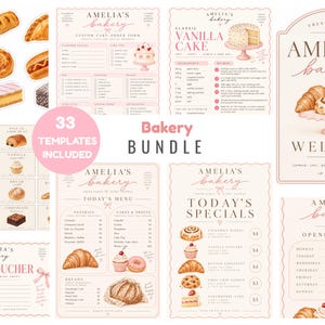 May include: A digital bakery template bundle featuring Amelia's Bakery branding. Includes custom cake order forms, menus, opening hours, gift vouchers, and recipe cards with illustrations of croissants, cakes, and pastries in soft pink tones.