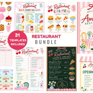 Peut inclure: Un ensemble de modèles de restaurant Amelia's Restaurant comprenant une liste de courses, un menu enfant, une feuille de réservation, des horaires, des bons et un tableau noir. Les designs utilisent des tons roses, rouges et verts avec des illustrations.