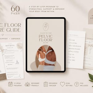 Puede incluir: Una guía digital de 60 páginas sobre el suelo pélvico y el core, presentada en una tableta con una portada que incluye un recorte ovalado central con dos personas en ropa deportiva. Incluye índice, seguimiento de progreso y ejercicios.
