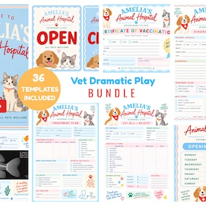 May include: A digital printable bundle for a pretend veterinary clinic titled Amelia's Animal Hospital. The set includes various forms like diagnosis sheets, treatment plans, receipts, and opening hours, featuring illustrations of dogs and cats.