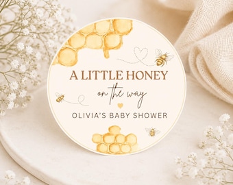 A Little Honey Baby Shower Favor Labels | Bee Baby Shower Stickers | Printable Round Party Favor Labels | Honey Bee Decorations