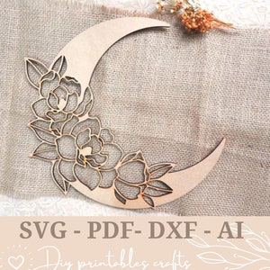 Mond SVG, florale Mond svg, Blumenmond, Mondblume Glowforge, Dxf Laser Cut Tempate, Vektordatei für den Mond