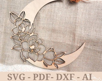 Mond SVG, floraler Mond svg, Blume Mond, Mond Blume glowforge, dxf Laser cut Vorlage, Vektordatei für den Mond