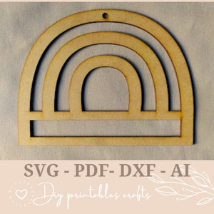May include: Wooden rainbow cutout with three arches and a straight bar at the bottom. The cutout has a hole at the top for hanging.  SVG - PDF - DXF - AI  DIY printables crafts