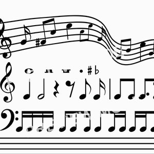 Puede incluir: Un conjunto de notas y símbolos musicales, que incluyen una clave de sol, una negra, una corchea, una semicorchea, una blanca, una redonda, un sostenido, un bemol y un natural. Las notas están dispuestas en un pentagrama de cinco líneas.