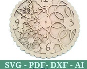 Floral Clock, Clock template, laser cut clock, Laser cut files SVG DXF CDR, vector cnc cut, laser cut templates