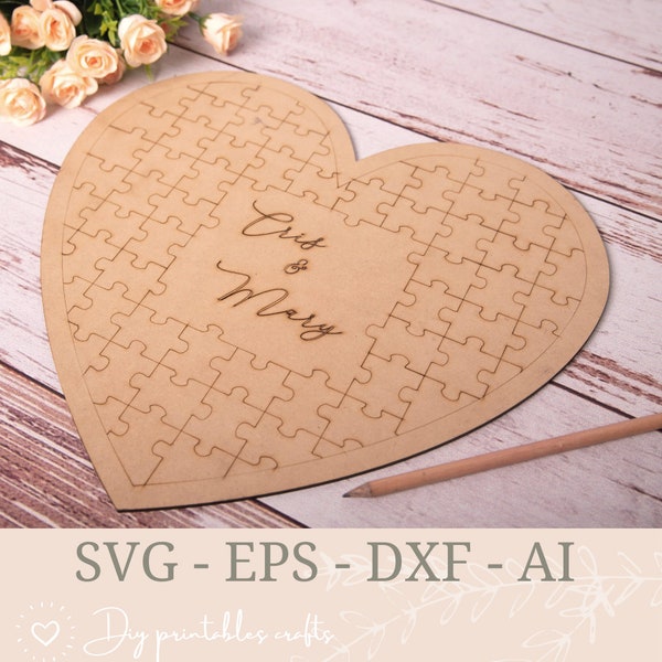 Wedding Guest Book Alternative, Puzzle Guest Book, Heart puzzle, Laser cut files SVG DXF CDR vector plans, cnc cut, laser cut templates