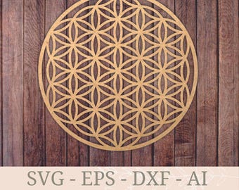 May include: A wooden cutout of a flower of life design. The design is circular and features a repeating pattern of overlapping circles and hexagons. The cutout is on a brown wooden background.