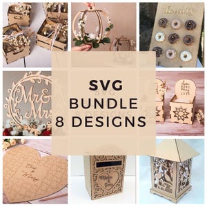 SVG-BUNDEL 8 ontwerpen sjabloon SVG, feest, bruiloft, sjabloon lasergesneden, gunst, souvenir svg, verlichting, gastenboek, donuts, Glowforge, xtool