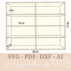 May include: Line drawing of a 3-shelf bookcase with dimensions: 20 inches wide, 16 inches tall, and 10 inches deep. The shelves are 4 inches high.  SVG - PDF - DXF - AI Diy printables crafts