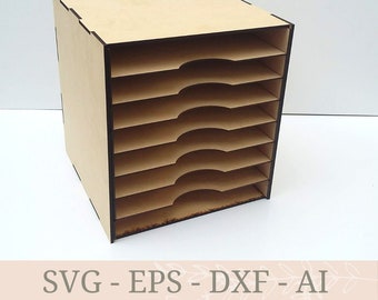 Könnte beinhalten: Ein hellbrauner Holzorganisator mit acht horizontalen Schlitzen. Der Organizer hat eine quadratische Form mit dunkelbraunen Kanten. Der Text "SVG - EPS - DXF - AI" und "DIY printables crafts" ist unten sichtbar.