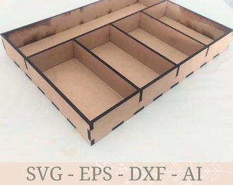 SVG Box 12x16 Aufbewahrungsorganisator. Laser Cut Schreibtisch Organizer Aufbewahrungsbehälter Schublade. Besteck, DXF Vektor Laserschnitt Schablonenhalter, Glühschmiedearbeit