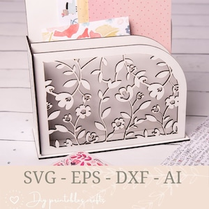 SVG Papieraufbewahrung Scrapbooking Scrapbook Papierhalter Laser Cut Desktop Organizer Aufbewahrungsbehälter Box CDR ai Vektor Laserschnitt Vorlage