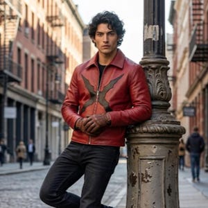 May include: A red leather jacket featuring a large black X-shaped graphic on the chest, a classic collar, and a front zip closure. The jacket is worn over a black shirt and paired with dark denim jeans and brown leather gloves.