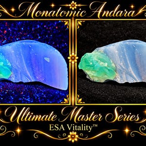 May include: A Monatomic Andara crystal from the Ultimate Master Series ESA Vitality collection. The raw, translucent stone features a smooth, pale blue body with a textured, vibrant green section on one side, displayed in two lighting conditions.