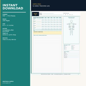 May include: A 52-week tracking log PDF template featuring a weekly schedule, injection site map, and metric tracking sections. The document includes fields for peptide dosage, side effects, notes, and weekly metrics, sized at 8.5 x 11 inches.