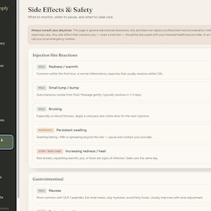 Puede incluir: Una interfaz digital titulada Protocol Supply que muestra una p&aacute;gina de efectos secundarios y seguridad. La barra lateral enumera opciones de navegaci&oacute;n como Dashboard e Inventory. El contenido principal describe reacciones en el sitio de inyecci&oacute;n con categor&iacute;as para s&iacute;ntomas leves, moderados y aquellos que requieren atenci&oacute;n m&eacute;dica.