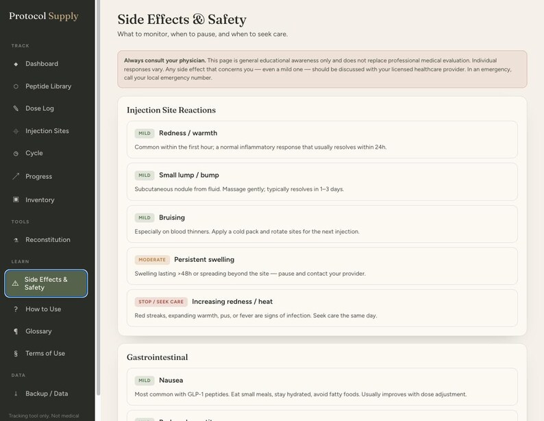 Puede incluir: Una interfaz digital titulada Protocol Supply que muestra una p&aacute;gina de efectos secundarios y seguridad. La barra lateral enumera opciones de navegaci&oacute;n como Dashboard e Inventory. El contenido principal describe reacciones en el sitio de inyecci&oacute;n con categor&iacute;as para s&iacute;ntomas leves, moderados y aquellos que requieren atenci&oacute;n m&eacute;dica.