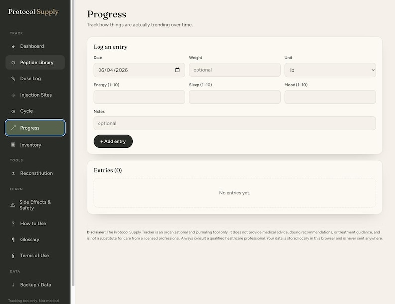 Puede incluir: Una interfaz digital titulada Progress de Protocol Supply que presenta un men&uacute; de navegaci&oacute;n lateral y un formulario para registrar entradas con campos para fecha, peso en lb, energ&iacute;a, sue&ntilde;o, estado de &aacute;nimo y notas, adem&aacute;s de un descargo.