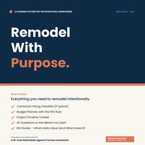 Op de afbeelding: Een digitaal planningssysteemdocument getiteld Remodel With Purpose. De donkerblauwe koptekst bevat witte en oranje tekst. Het crèmekleurige onderste gedeelte bevat een lijst met inhoud, waaronder een checklist voor aannemers en een ROI-gids.