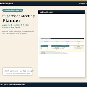 May include: A digital Supervisor Meeting Planner template for Excel featuring a live dashboard preview. The text includes 'ACADEMICFLOWTOOLS', 'Supervisor Meeting Planner', 'Agenda, Decisions & Action Register for Excel', and 'Blank workbook + worked example'.