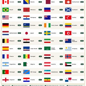 May include: A printable sheet titled TEAM DRAW SLIPS featuring a grid of 48 national flags, each paired with a country name and a unique alphanumeric code. The document includes instructions for cutting, folding, and drawing slips for a game.