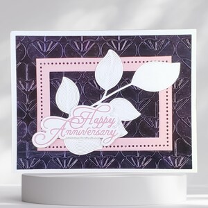 Jubiläumskarte mit Blatt-Aufkleber in Weiß, Rosa und Lila für eure Ehepartner, Eltern und Lieben