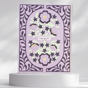Miss You Card in paars op Lila, liefdevolle kaart, voor vrienden, familie en dierbaren