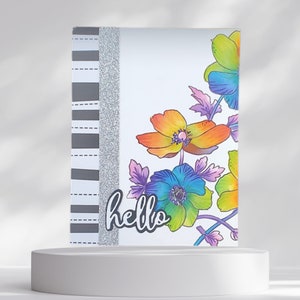 Carte de voeux florale « Bonjour », couleurs vives sur noir et blanc, carte vous manquez