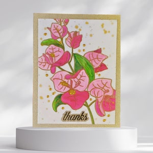 Carte de remerciement florale avec papier scintillant doré, texture vélin sur blanc pour toutes les occasions