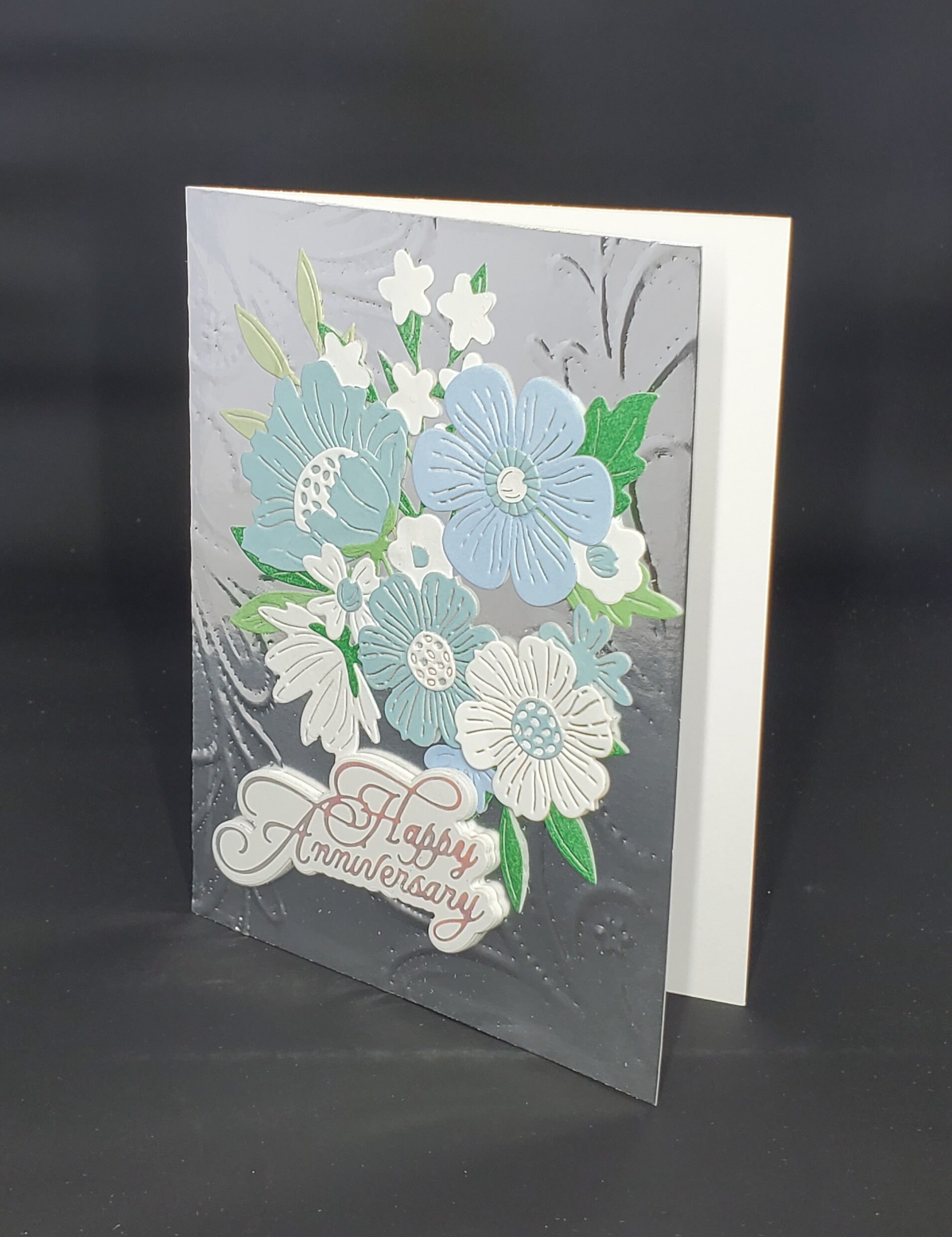 Happy Anniversary Card With Laser Cut Flowers on Silver Metallic Paper ...